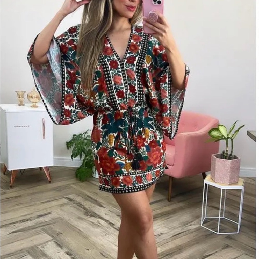 FARM Rio Floral Kimono Dress - Red and Green